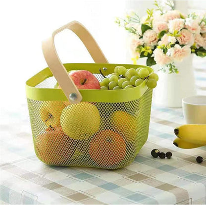 AJIODA Metal Mesh Steel Basket, Storage Organizer Basket Multi-functional Hanging Kitchen Baskets Fruit Basket Bin with Bamboo Handle for Kitchen Bathroom Picnic Shopping Decor Cabinet Home, Blue