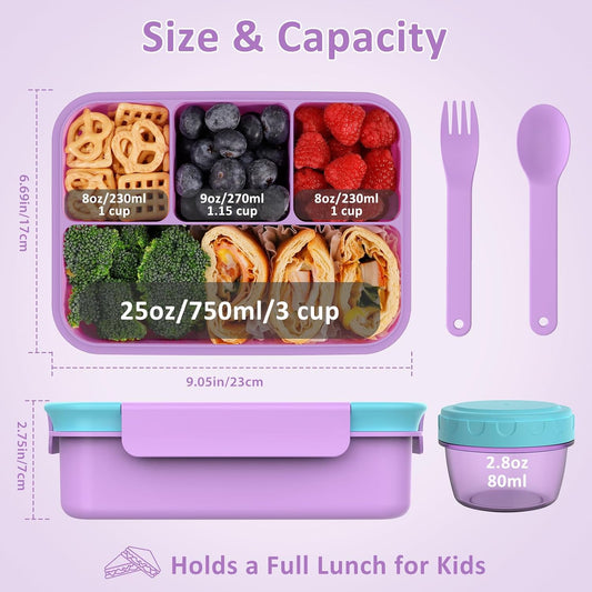 Caperci Bento Box for Kids - 50oz Larger Lunch Box Containers for Kids, Reinforced Leakproof, Built-in Sauce Cup, Utensils, 4 Compartments, BPA-Free Microwave & Dishwasher Safe (Lavender Pop)