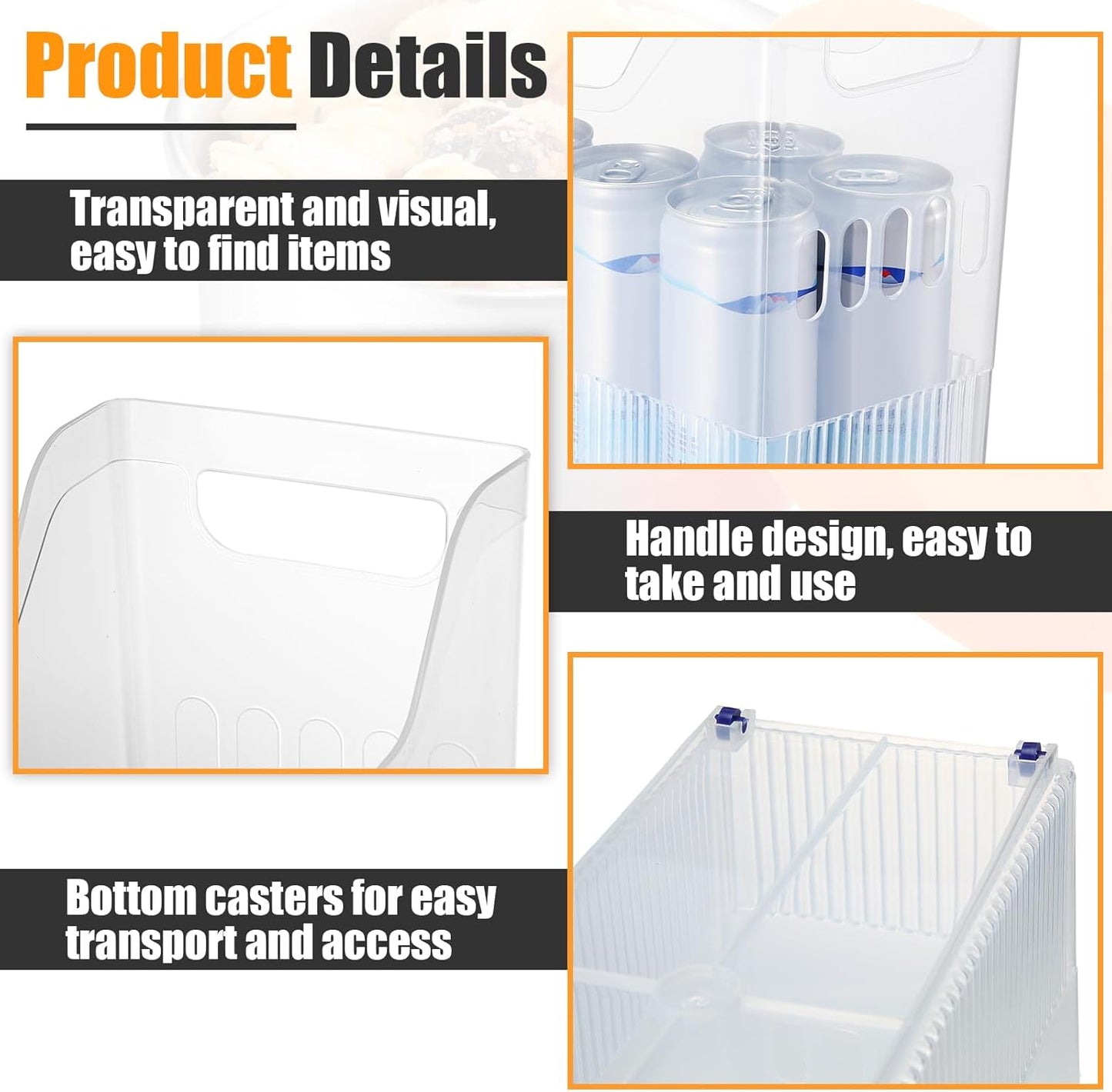 Qunclay 6 Plastic Freezer Organizer Bins with Wheel Set Clear Tall Narrow Kitchen Pantry Organizer Snack Storage Containers for Office Refrigerator(3 Sizes)