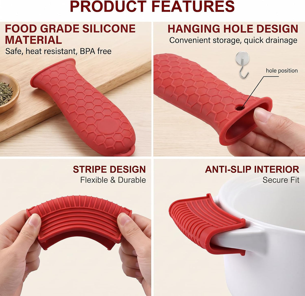 3 Pack Silicone Cast Iron Skillet Handle Cover, Heat Resistant Pan Grip