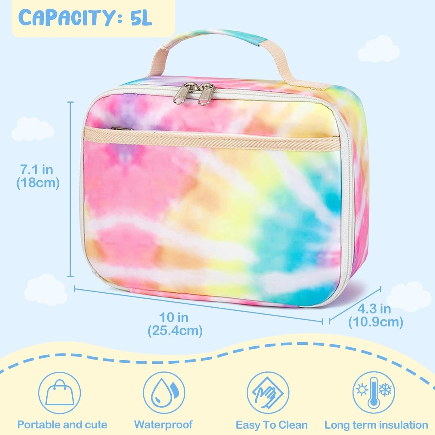 CAMTOP Kids Lunch Box Boys Girls Insulated Lunch Cooler Bag Reusable Lunch Tote Kit for School Travel (094 Tie Dye)