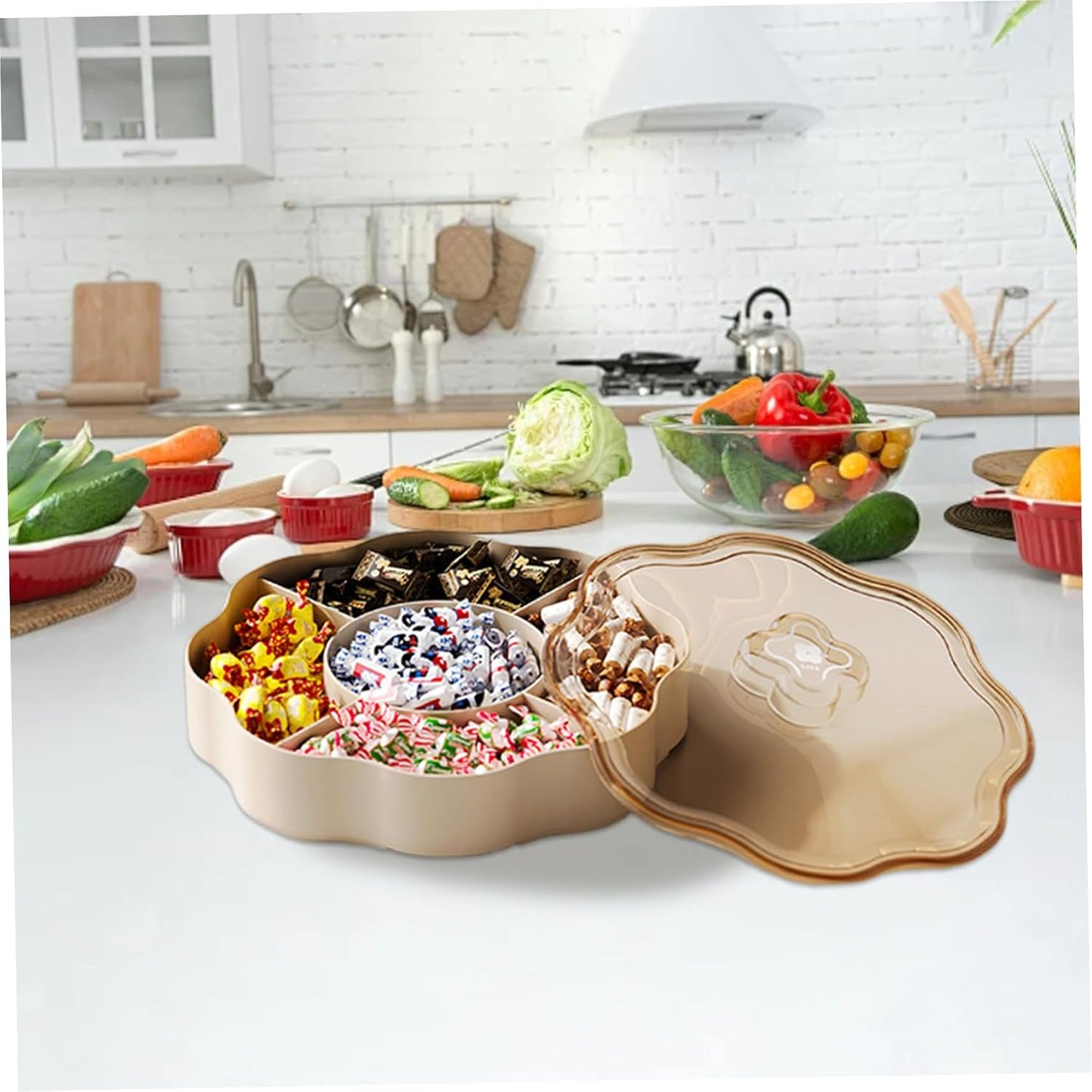 Dry Fruit Tray, 5 Compartments Relish Tray with Lid Round Plastic Serving Dishes for Nut, Snack, Fruit, Candies, Cookie Home, Office 9.5x9.5x3.4 inch