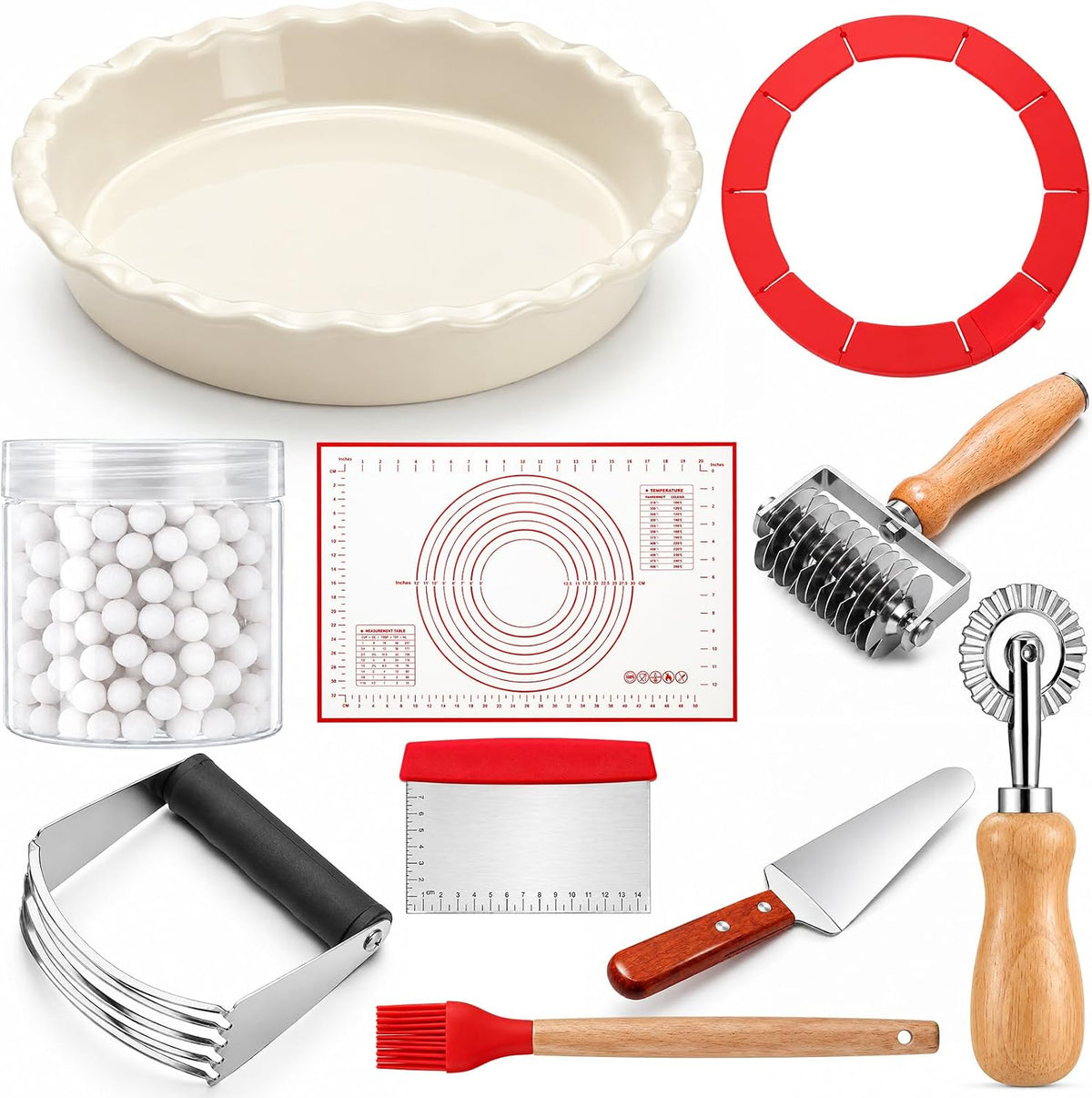 Willinglong 10 Pcs Pie Baking Tools Set, 10" Ceramic Dish & Pastry Kit