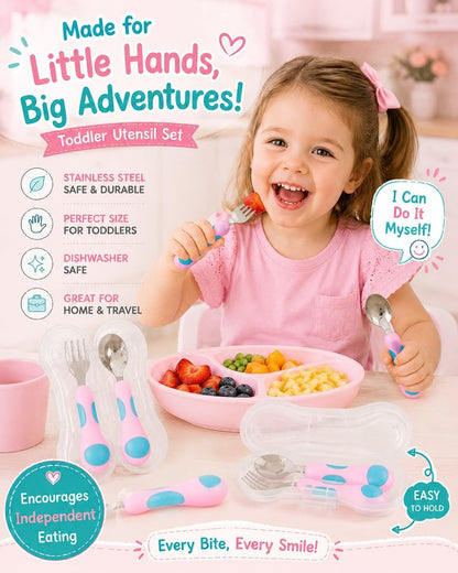 kinsho Toddler Utensils - Kids Silverware Set with Travel Case 3 pack - Stainless Steel Forks Spoons for 1 2 3 4 Years Old. Metal Lunch Box Cutlery for Children Girls, Round Handle, 6 Pieces Pink Blue