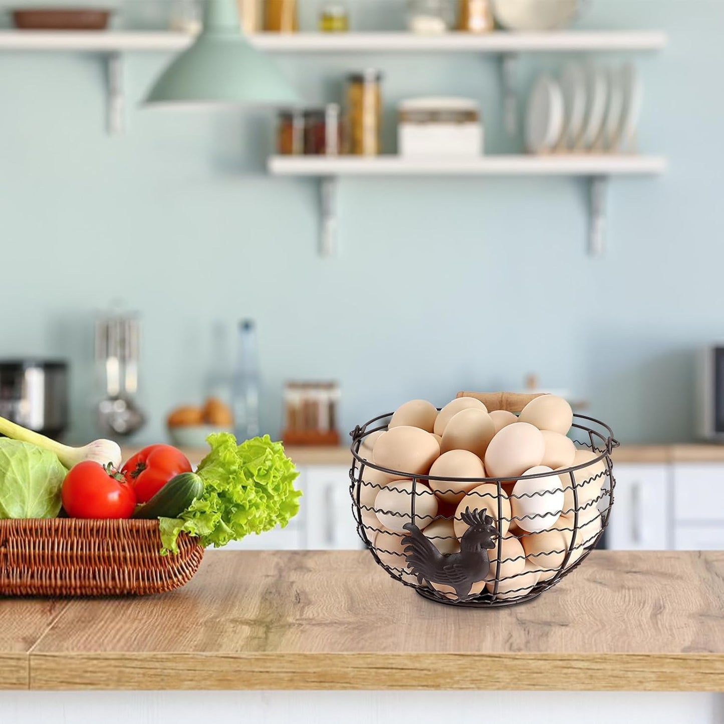 3 PCS 8’’ Farmhouse Egg Collecting Basket with Wood Handle, Rustic Metal Wire Chicken Eggs Holder Basket for Countertop Kitchen, Wire Egg Basket Vintage Style, Round, Rooster Pattern