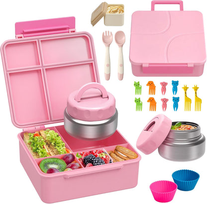Bento Lunch Box with 9.5 oz Soup Thermo, Kids Leakproof 4 Compartments Bento Box with Silicone Cupcake,Fruit Fork,Spoon and Sauce Cup,Insulated Food Jar for School Travel-Black