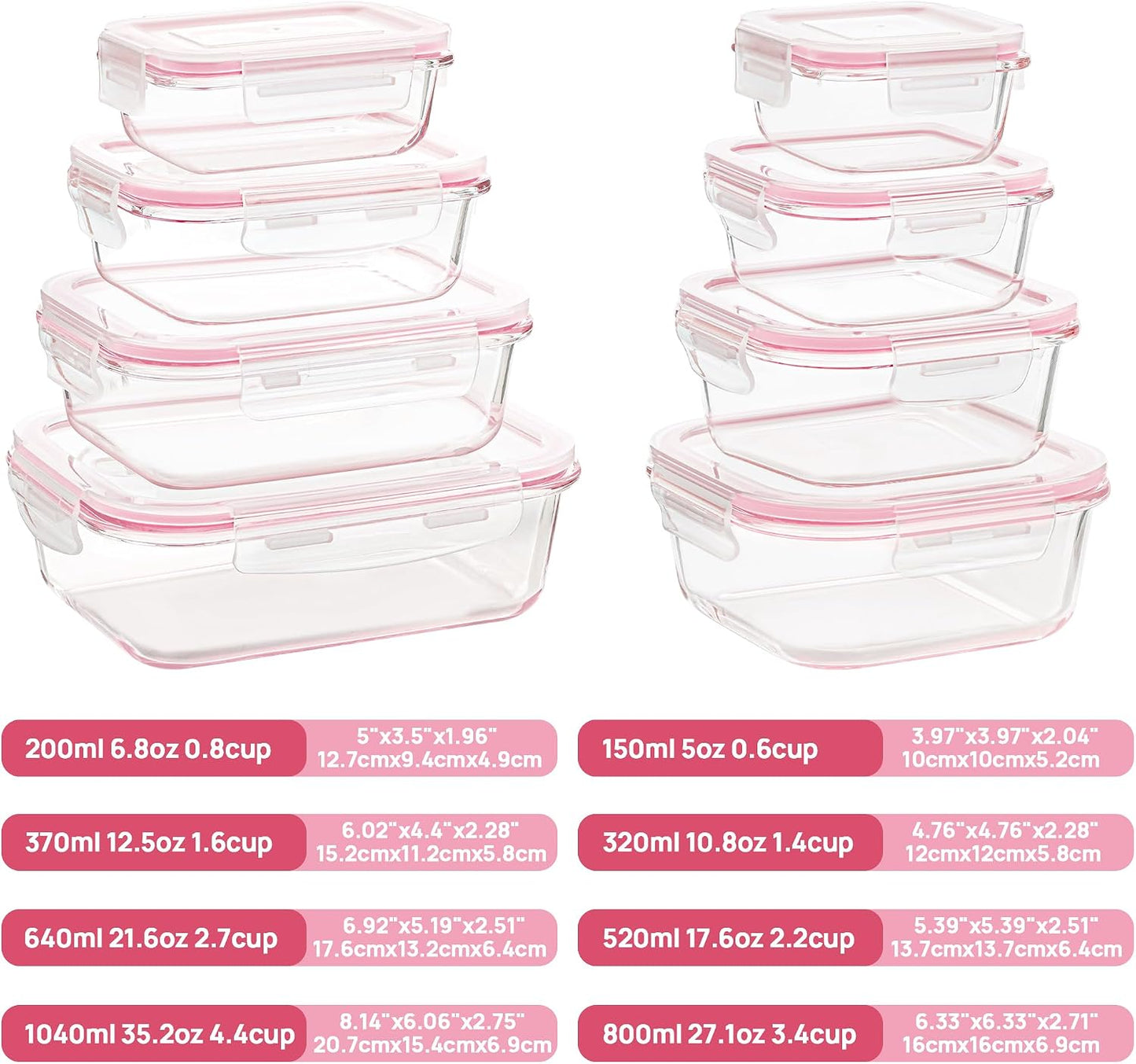 Vtopmart 8 Pack Glass Food Storage Containers with Airtight Lids, Glass Meal Prep Containers, Lunch Office Meal for Microwave, Oven, Freezer and Dishwasher, BPA Free