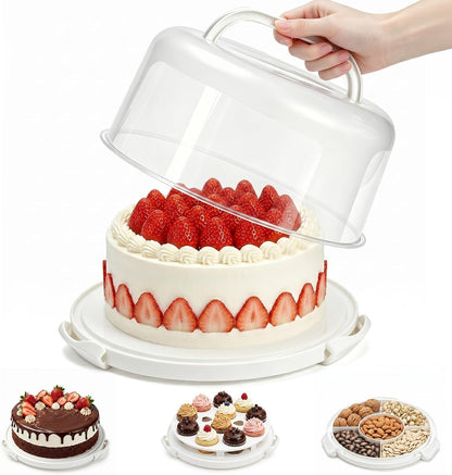 Yesland Cake Carrier with Collapsible Handle - White Cake Container and Holder with Lid - Portable Plastic Round Cake Cover for 10 inch Cake, Pies, Cookies, Nuts, Muffins, Cupcakes and Fruit