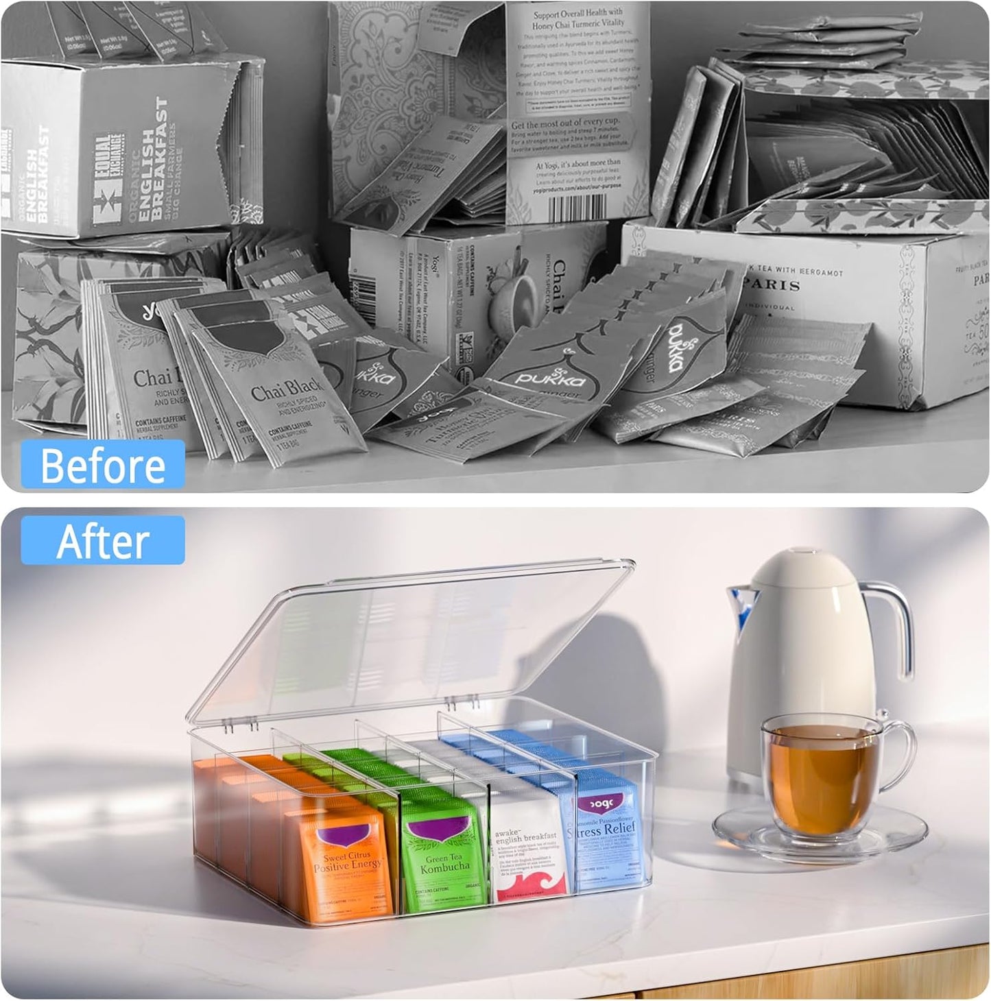 Tea Bag Organizer with Lid: Plastic Storage Bin - 16 Compartments with Removable Dividers, Stackable Pantry Storage Box for Drawers, Countertops, Fridge, Kitchen (2 Pack)