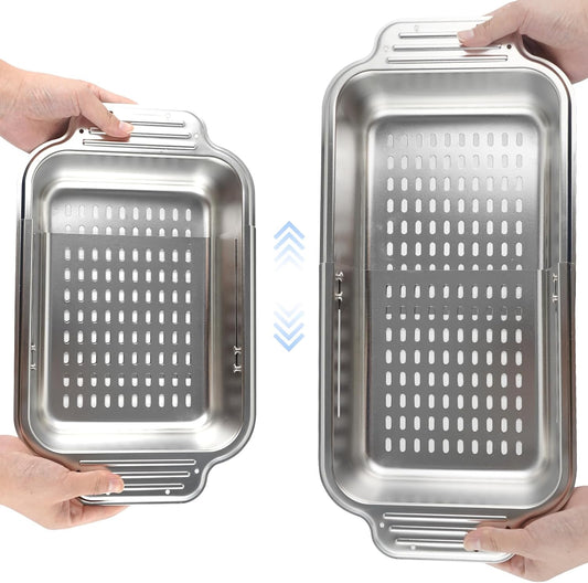 Over the Sink Colander Strainer Basket - ALL METAL Extendable Drain Colander for Wash Vegetables and Fruits Dry Dishes, 6 Quart Large Size, New Home Kitchen Essentials