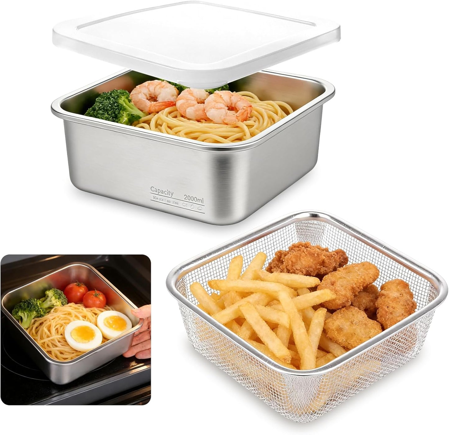 Stainless Steel Colander Set, Square Strainer with Lid for Draining Vegetable Washing Rice, 2 in 1 Strainer Bowl & Food Storage Container Food Preparation Box Bowl (1500ml)