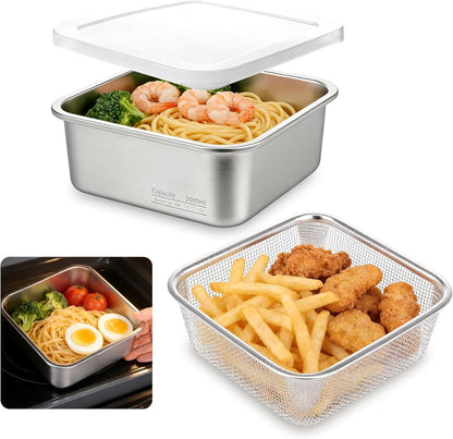 Stainless Steel Colander Set, Square Strainer with Lid for Draining Vegetable Washing Rice, 2 in 1 Strainer Bowl & Food Storage Container Food Preparation Box Bowl (1500ml)