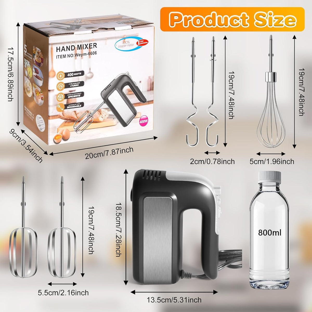 400W Electric Hand Mixer, 5-Speed with Turbo, 5 Stainless Steel Attachments