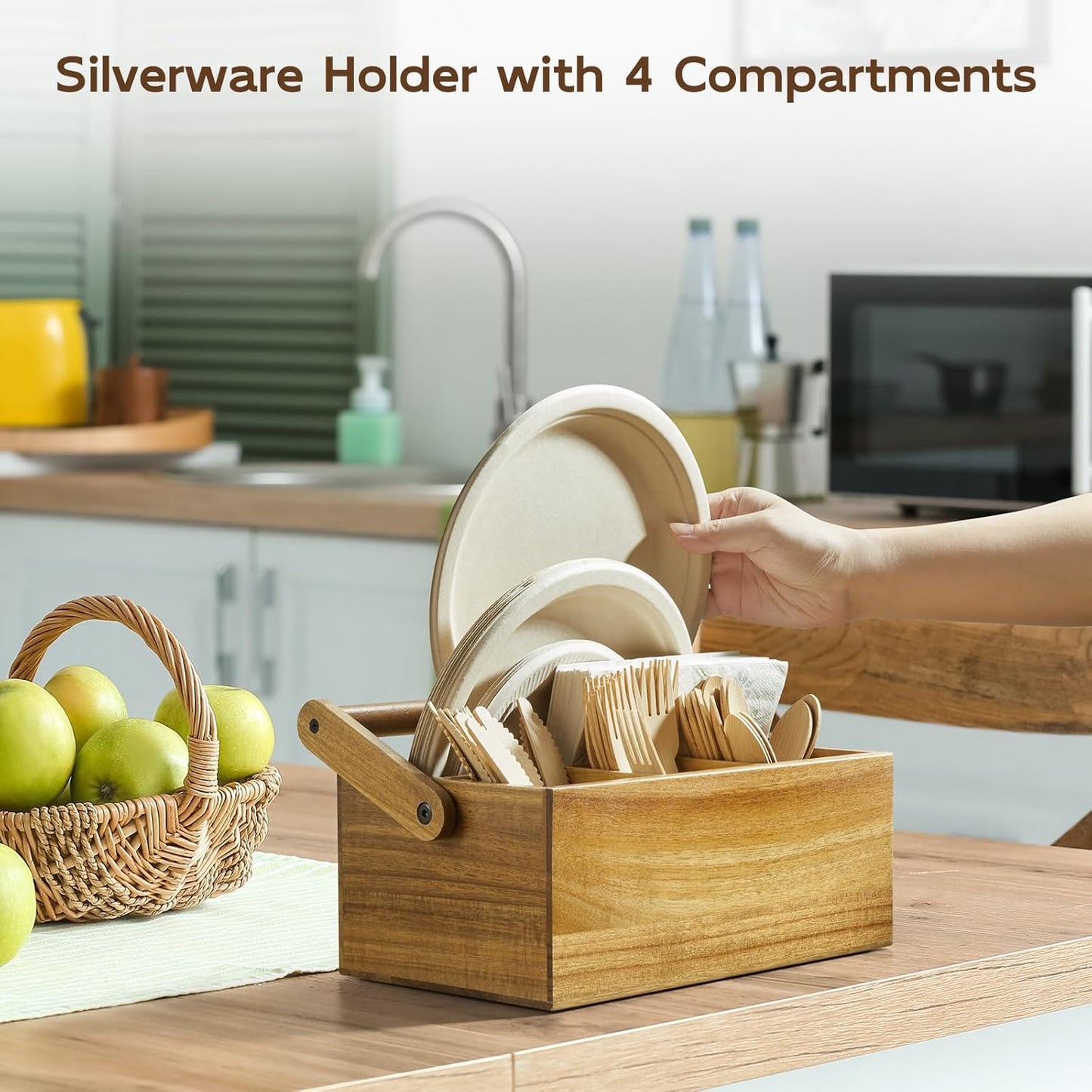 Acacia Paper Plate Dispenser, Paper Plate Holders with Handle, Picnic Silverware Caddy for Party, Cutlery Holder for Countertop, Wood Utensil Organizer for Home Kitchen & RV