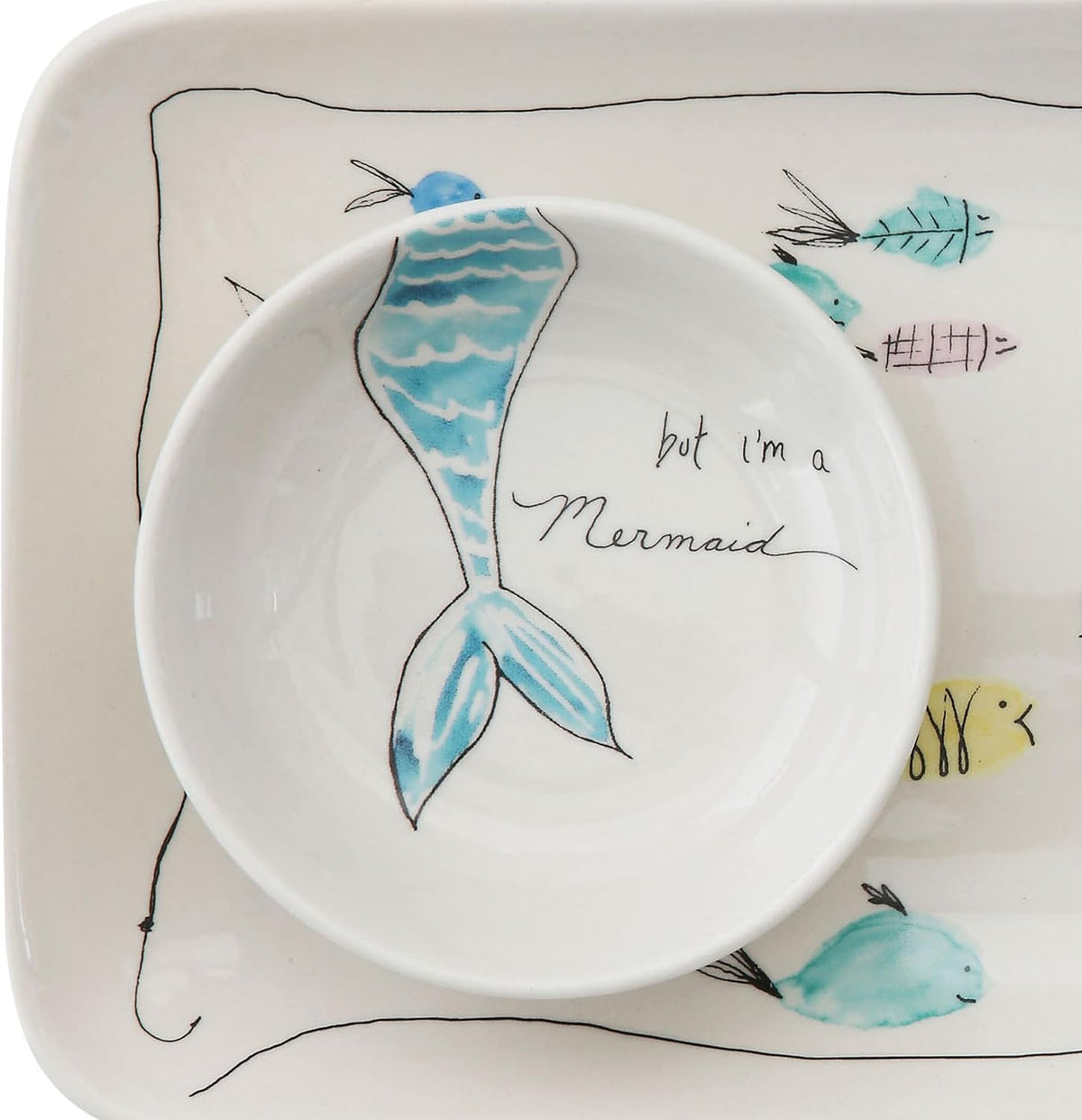 Creative Co-Op Coastal Stoneware Serving Platter and Dip Dish with Mermaid and Sea Life Illustrations, Multicolor