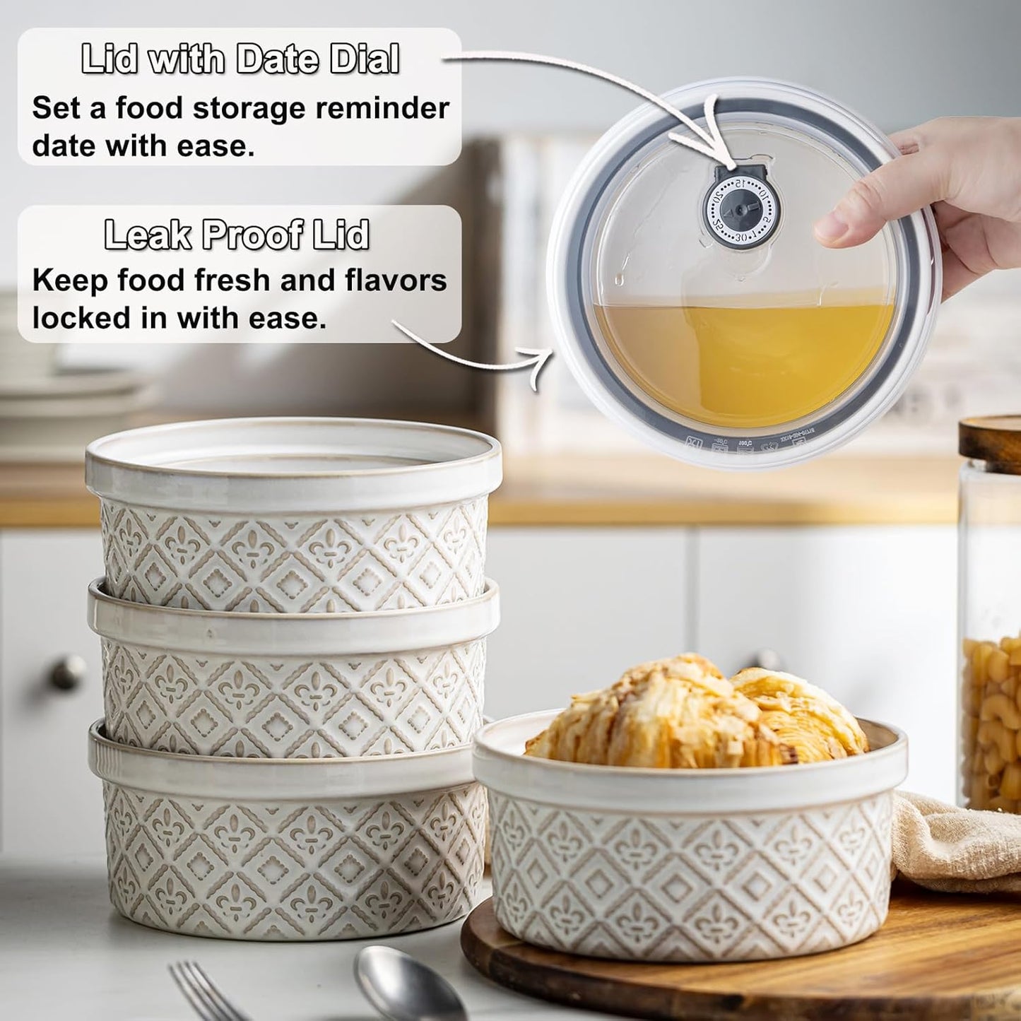 Airtight Food Storage Containers with Lids Mixing Bowls Set, Ceramic Serving Bowls with Lids Set of 4, 12/16/28/40 oz Stackable Nesting Salad Bowls for Cooking, Baking, Ramen - Beige