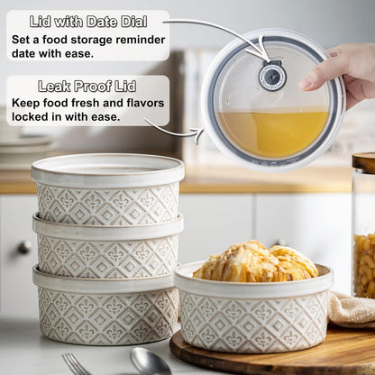 Airtight Food Storage Containers with Lids Mixing Bowls Set, Ceramic Serving Bowls with Lids Set of 4, 12/16/28/40 oz Stackable Nesting Salad Bowls for Cooking, Baking, Ramen - Beige