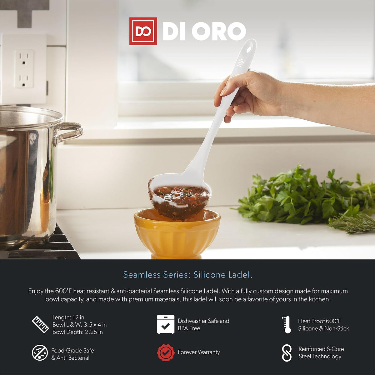 DI ORO Silicone Ladle - Soup & Serving, 600F Heat Resistant, Black