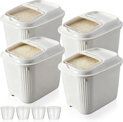 Blushtier 4 Pack Sugar Storage Containers Flour Bin with Wheels Large Pet Dog Food Storage Boxes Measuring Cup Sealed Transparent Flip Lid Portable Household Rice Container Set(20 Lbs)