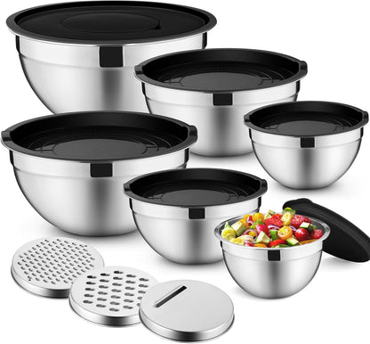 P&P CHEF Mixing Bowls with Lids Set of 6, Stainless Steel Nesting Salad Bowl & 3 Grater Attachments for Prepping Storing, 4.6/2.6/2/1.5/1/0.7 QT, Khaki