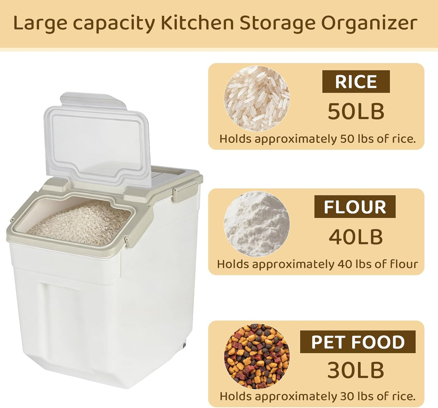 Rice Storage Container 50 lbs, Blue, 2 Pack | Airtight, with Wheels, Locking Lid, Measuring Cup Included, for Flour Sugar Grain Cereal