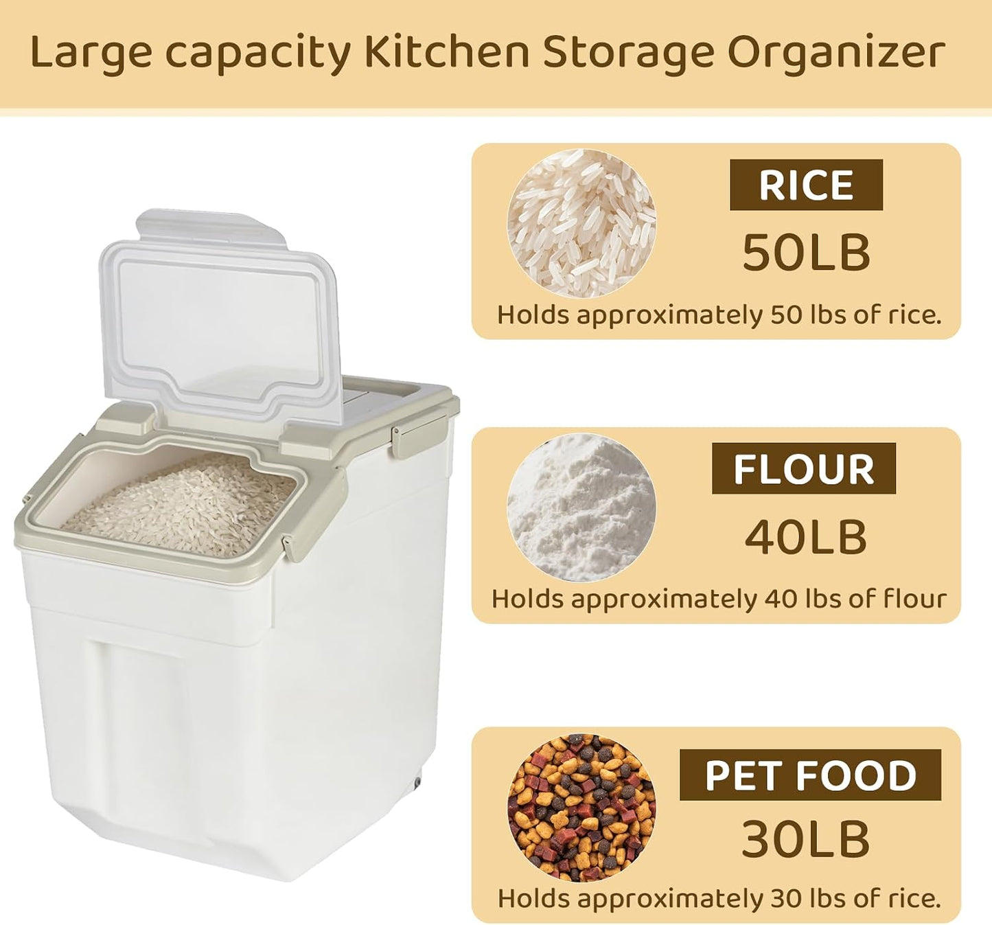 Rice Storage Container 25 lbs, Grey, 2 Pack | Airtight, with Wheels, Locking Lid, Measuring Cup Included, for Flour Sugar Grain Cereal