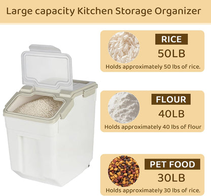 Rice Storage Container 25 lbs, Grey, 2 Pack | Airtight, with Wheels, Locking Lid, Measuring Cup Included, for Flour Sugar Grain Cereal