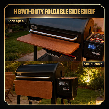 QuliMetal Folding Front Shelf for Traeger Pro 34, Texas Elite 34, Century 885 and Eastwood 34, 37" x 12" Heavy-Duty Grill Prep Table with Cutting Board, Stainless Steel Basin, Lid and 5 Hooks