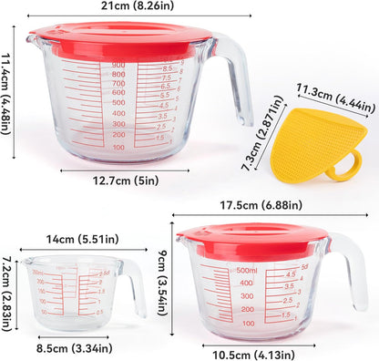 6 Pcs Glass Measuring Cups Set with Lids (Strainer Included) - 1-Cup/2-Cup/4-Cup Nesting Jugs with Easy-Grip Handles, Kitchen Liquid Measuring