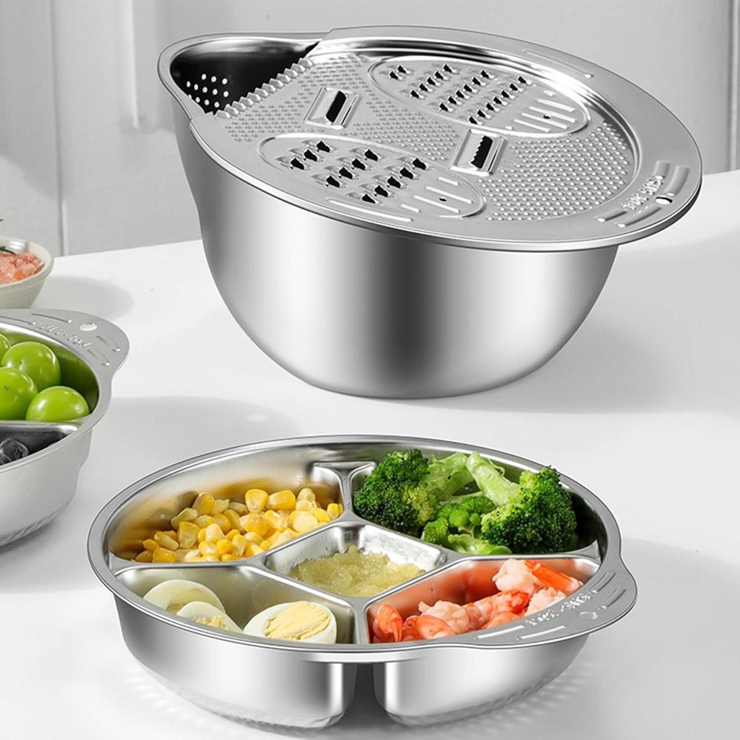 Rice Washer Strainer Bowl with Grater, Multipurse Stainless Steel Rice Colander with Side Drainer for Cleaning Quinoa, Fruits, Vegetables, Bean Versatile Kitchen Tool