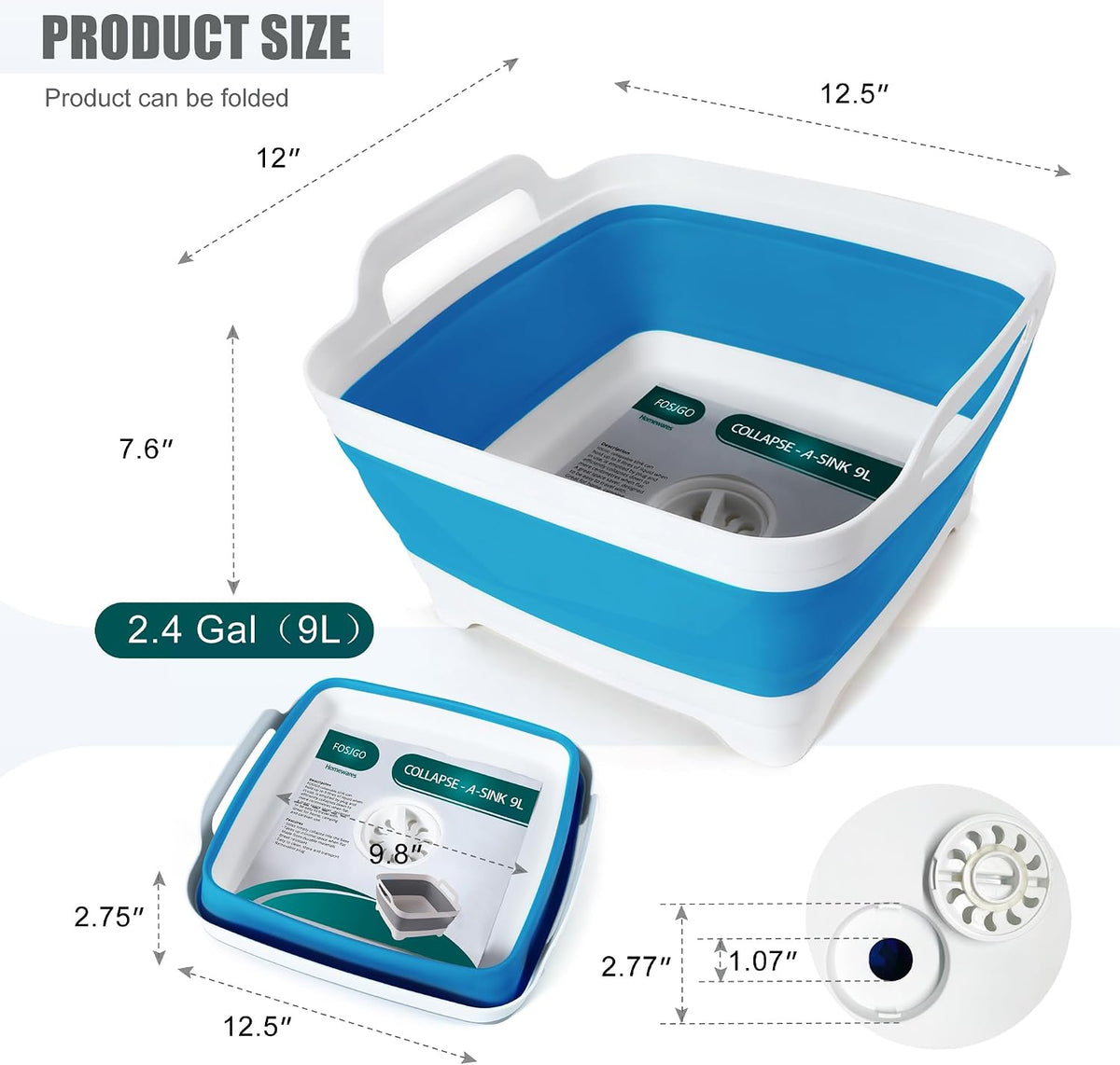 FOSJGO Collapsible Dish Basin with Drain Plug, Foldable Sink, 2.4 Gal (9L)