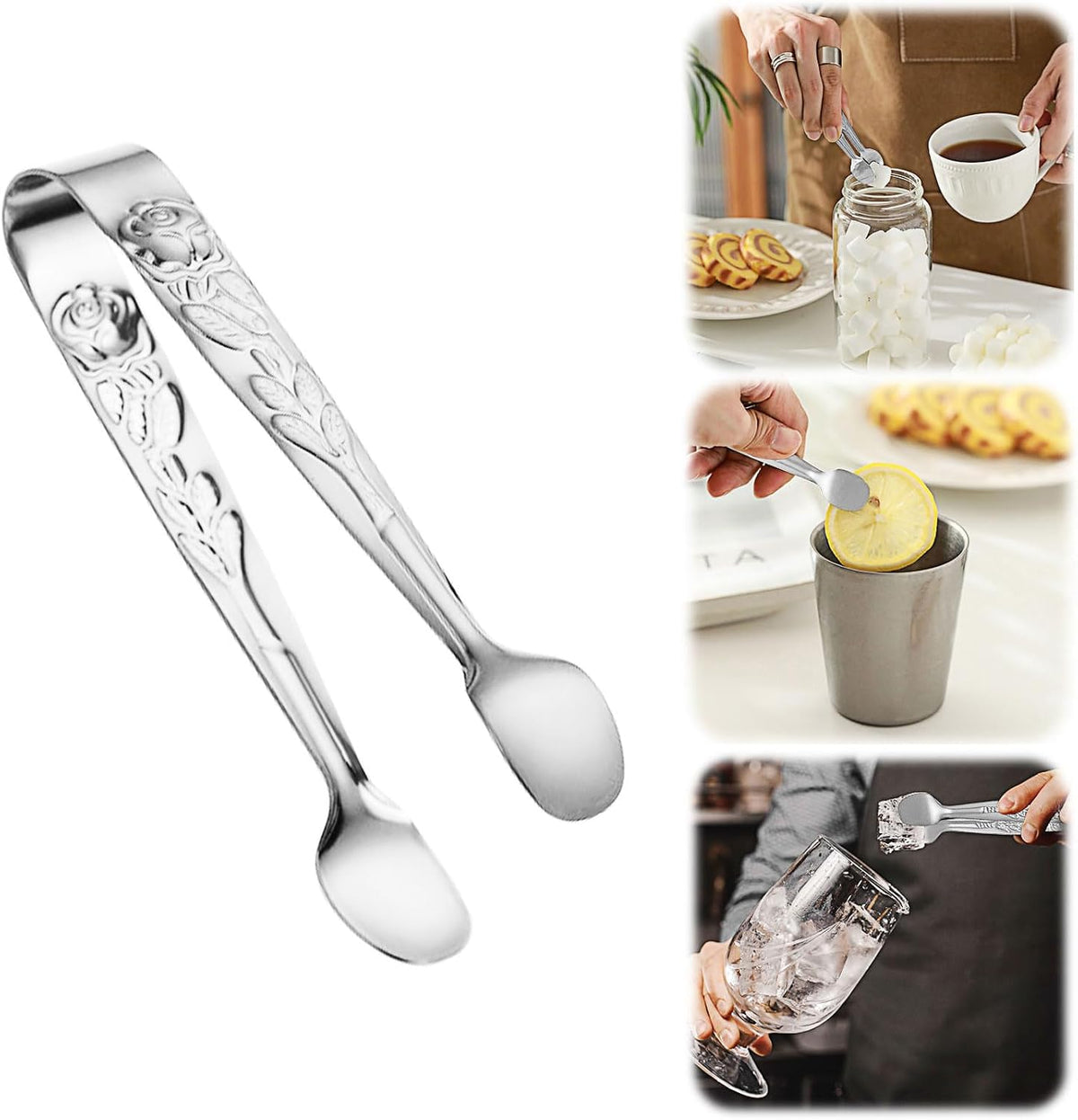 4.33 Inch Stainless Steel Ice Tongs for Ice Bucket，Metal Sugar Cube Mini Tongs，Set of 3 (Black-A)