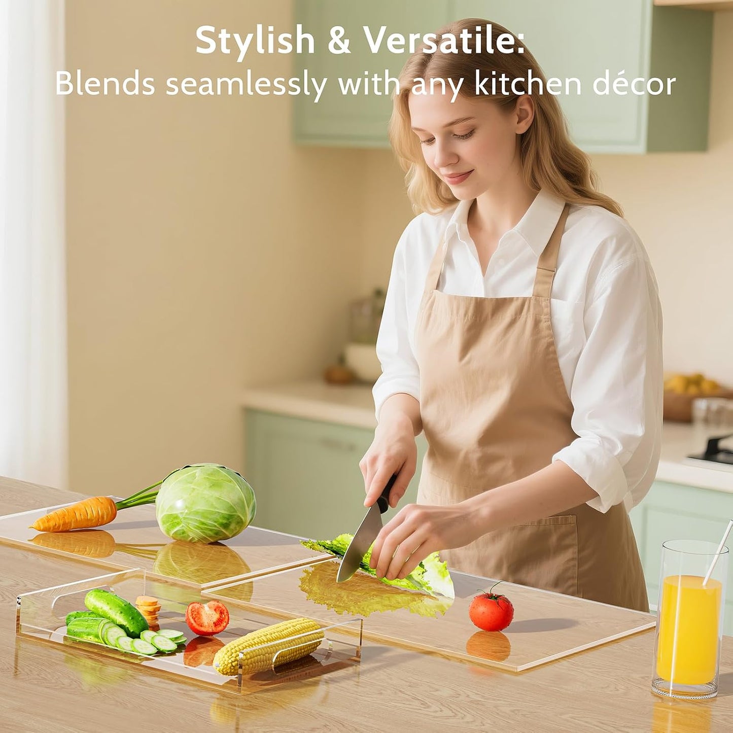 HELPLEX Acrylic Cutting Board with Counter Lip – Set of 3 Clear Non-Slip Chopping Boards and Cutting Boards for Kitchen Countertop, 17.5x13.5 & 16x12 + 8x12 Tray, Gift for Home Cooks