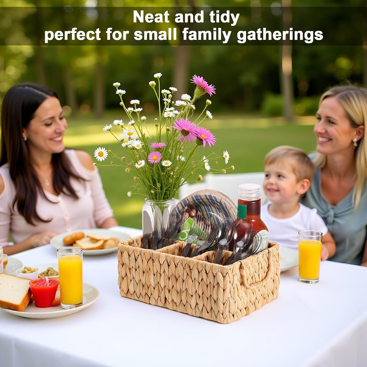 Wicker Party Silverware Caddy, Water Hyacinth Plastic Cutlery Utensil Holder, Hand Woven with Handles, Kitchen Countertop and Picnic flatware Organizer (4 compartments)