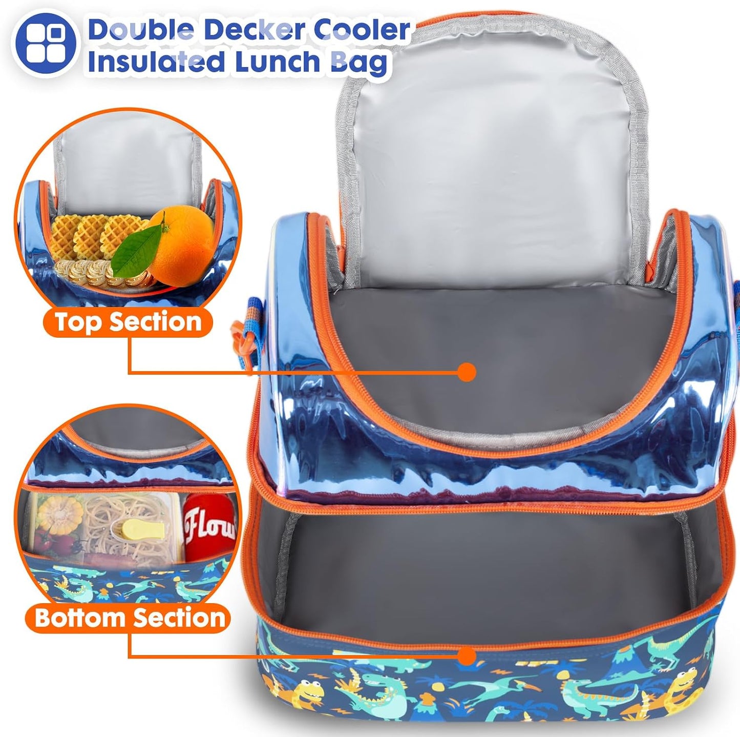 Kids Double Decker Cooler Insulated Lunch Bag, Back to School Large Meal Tote for Boys, Girls, Men, Women, with Adjustable Strap, Soccer