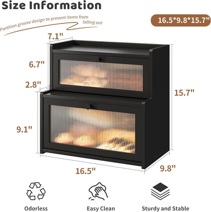 FILWH Bread Box for Kitchen Countertop Double Layer Large Corner Bread Box Capacity Bread Storage Bin Farmhouse Breadbox Container Organizer Cabinet Cupboard Black