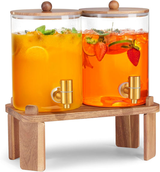 2 PCS 1 Gallon Drink dispenser, Glass Beverage Dispenser With Wood Stand, Large Water Drink Dispensers for Parties With Stainless Steel Spigot, Ideal for Lemonade,Juice, Tea, and Party Drinks