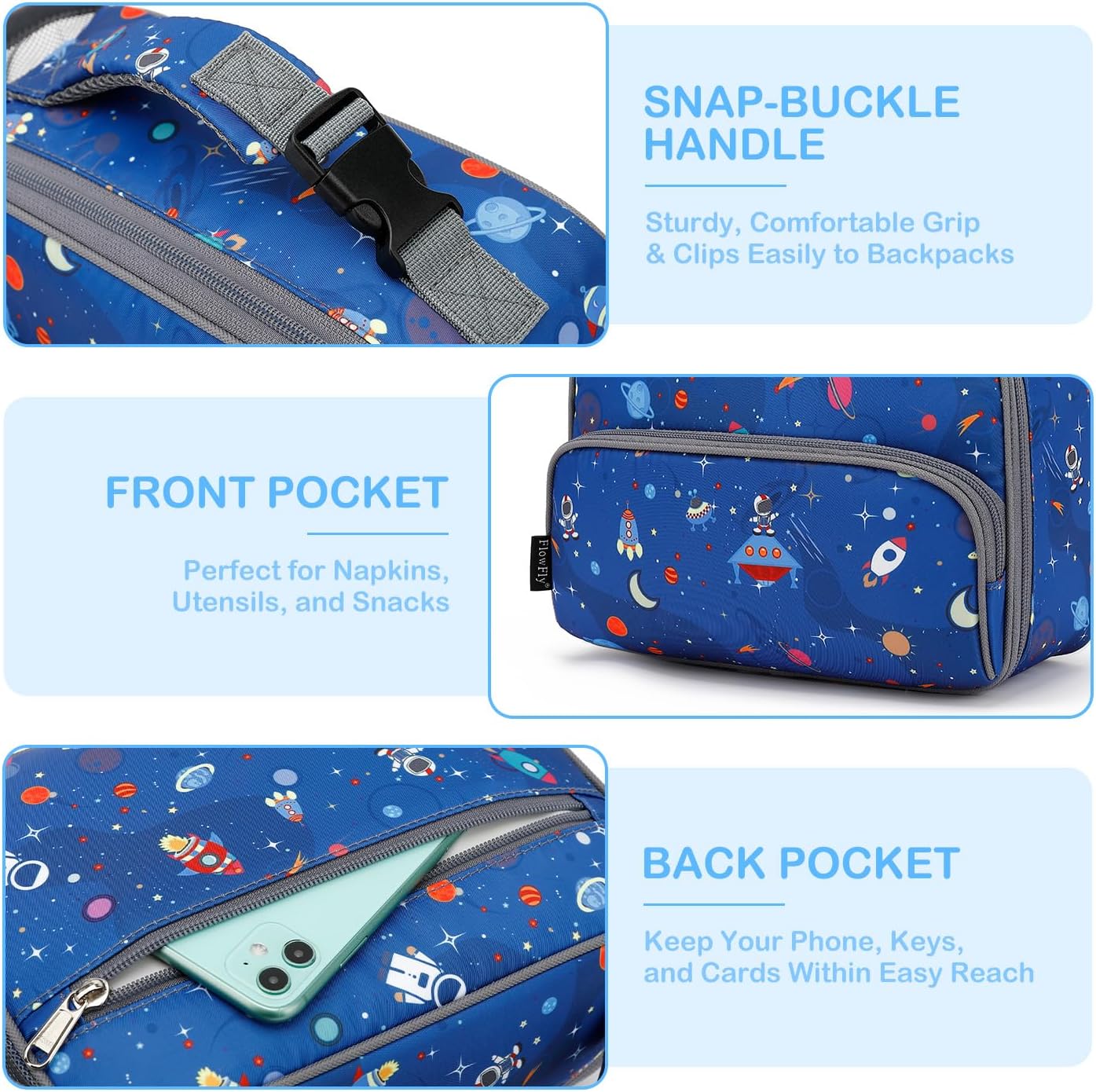 FlowFly Kids Lunch box Insulated Soft Bag Mini Cooler Back to School Thermal Meal Tote Kit for Girls, Boys, Astronaut - Colors B