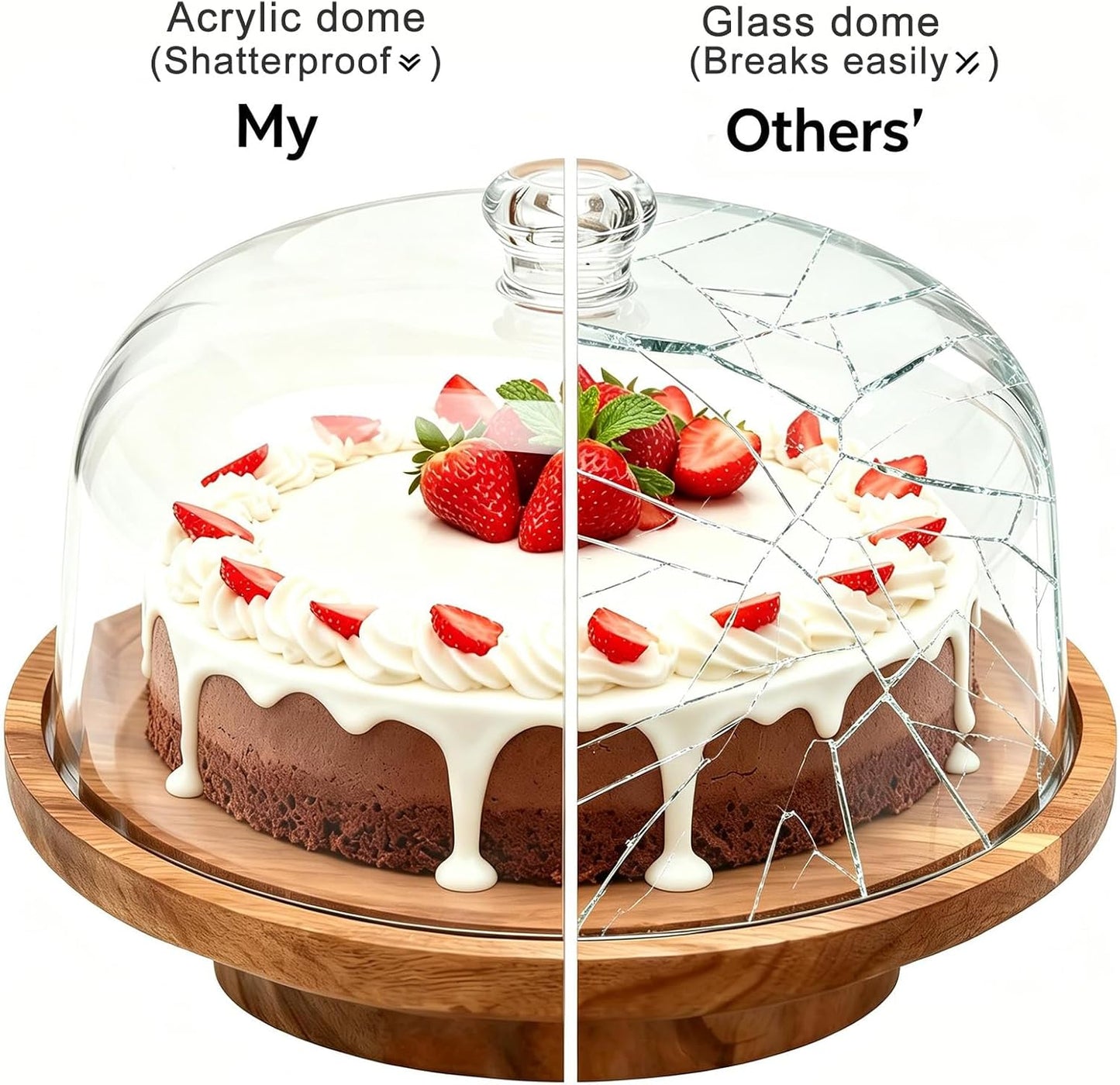 cutesun Cake Stand with Lid, 10.8'' Shatterproof Acrylic Dome (Not Glass), 11.8'' Rotating Acacia Wood Cake Display Stand for Wedding Birthday Party Dessert
