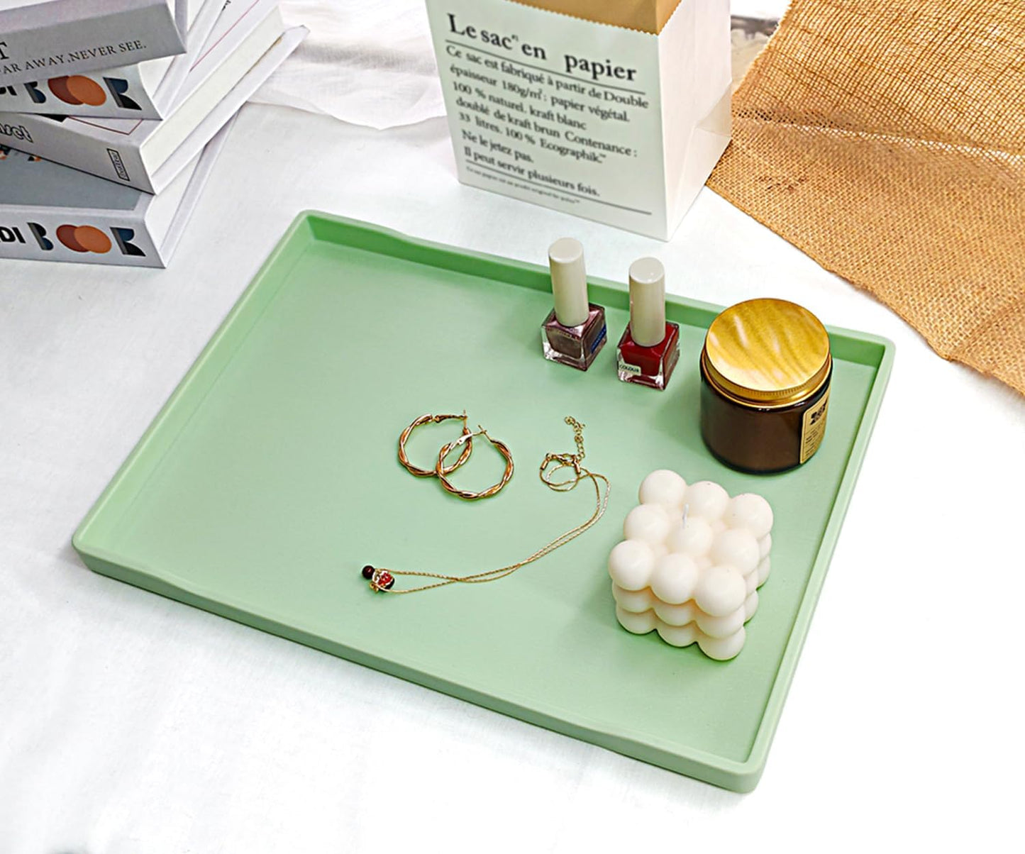 White Serving Tray (13.5 x 9.6 inch) for Serving Accessory, Elegant & Stackable Plastic Tray for Spa, Coffee, Drinks, Tea, Bar, Party, Seasoning, Perfume and Display Use.