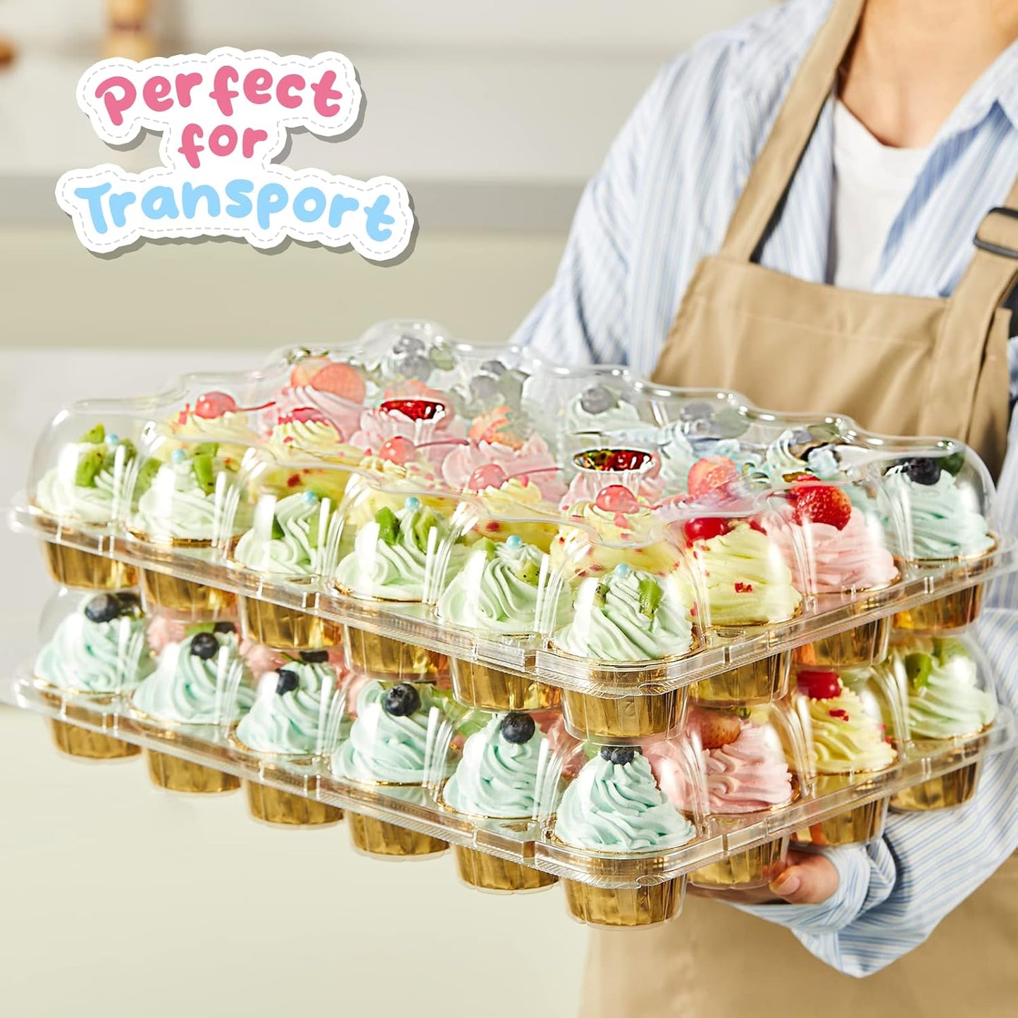 Gencywe (24 Pack x 10 Sets) Stackable Cupcake Carrier Holders with 240 Pack Cupcake Liners, Plastic Cupcake Boxes Holders for 24 Cupcakes, High Tall Dome Lid Cupcake Containers, Clear Cupcake Trays