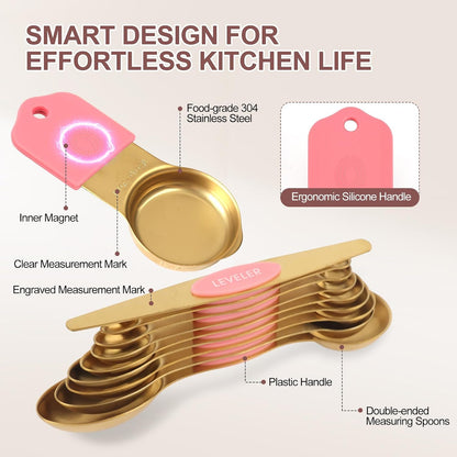 16-Piece Stainless Steel Measuring Cups and Spoons Set, Strong Magnetic Nesting Design 7 Cups 8 Spoons with Leveler, Double Measurement Markings for Dry & Liquid Ingredients, Gold