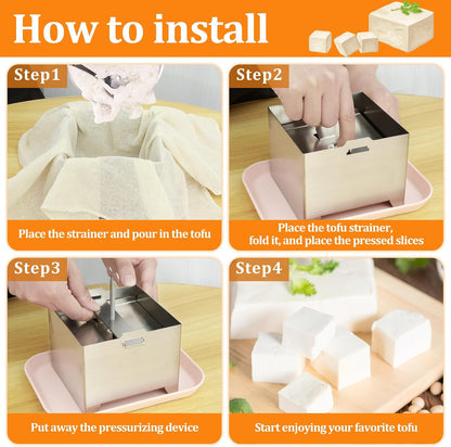 Tofu Press Kit Food Grade 304 Stainless Steel Tofu Maker with Gauze and Drip Tray Detachable and Pressure Adjustable Press Maker for Homemade Cheese yogurt(Large)