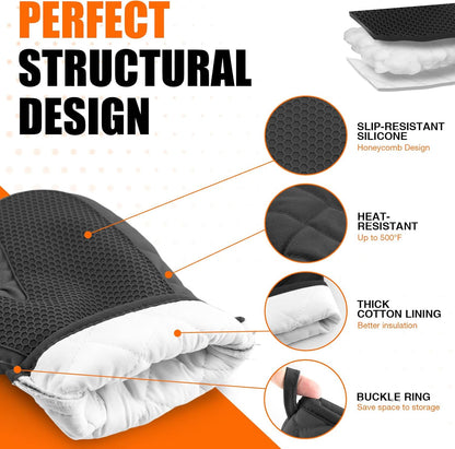 Silicone Oven Mitts, Heat Resistant 2PCS Oven Mitts with Soft Cotton Lining, Waterproof Non-Slip Grip Oven Glove, Kitchen Potholder Mits for BBQ, Baking, Cooking, 12.5 Inch - Grey