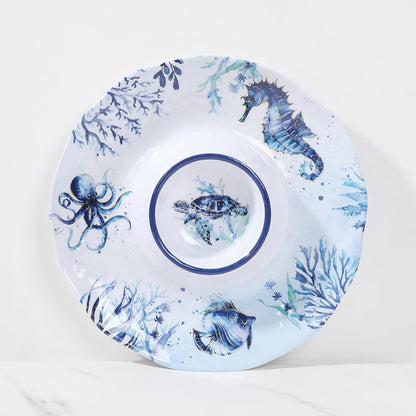 UP Sea Life Melamine Chip and Dip Serving Tray, Round Serving Platter for Chips, Salsa, Fruit, and Snacks, Multicolor, 13.5 Inch