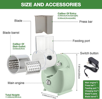 Electric Cheese Grater for Block Cheese - 3 in 1 Rotary Cheese Grater Electric Rotary Grater Salad Shooter Electric Slicer for Cheeses, Fruits, Vegetables and Nuts (Green)