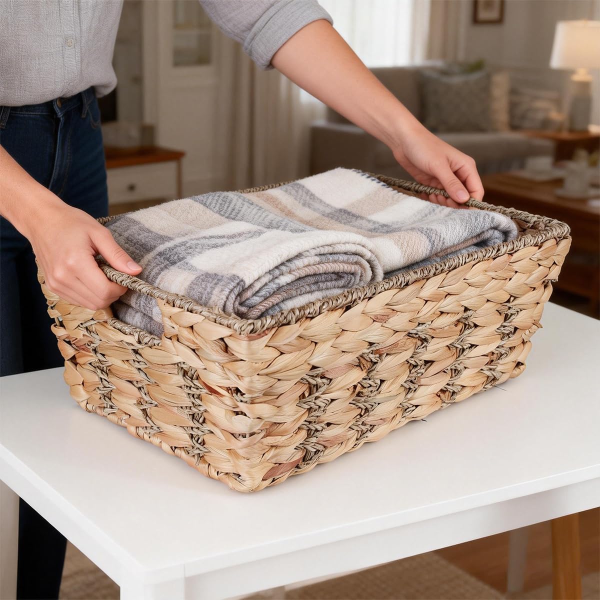 Water Hyacinth storage basket with Handle Shelf Organizing Storage Baskets Hand-woven Rattan Baskets Pantry Bin Organizers for Shelves, Living Room,Decor(Middle)