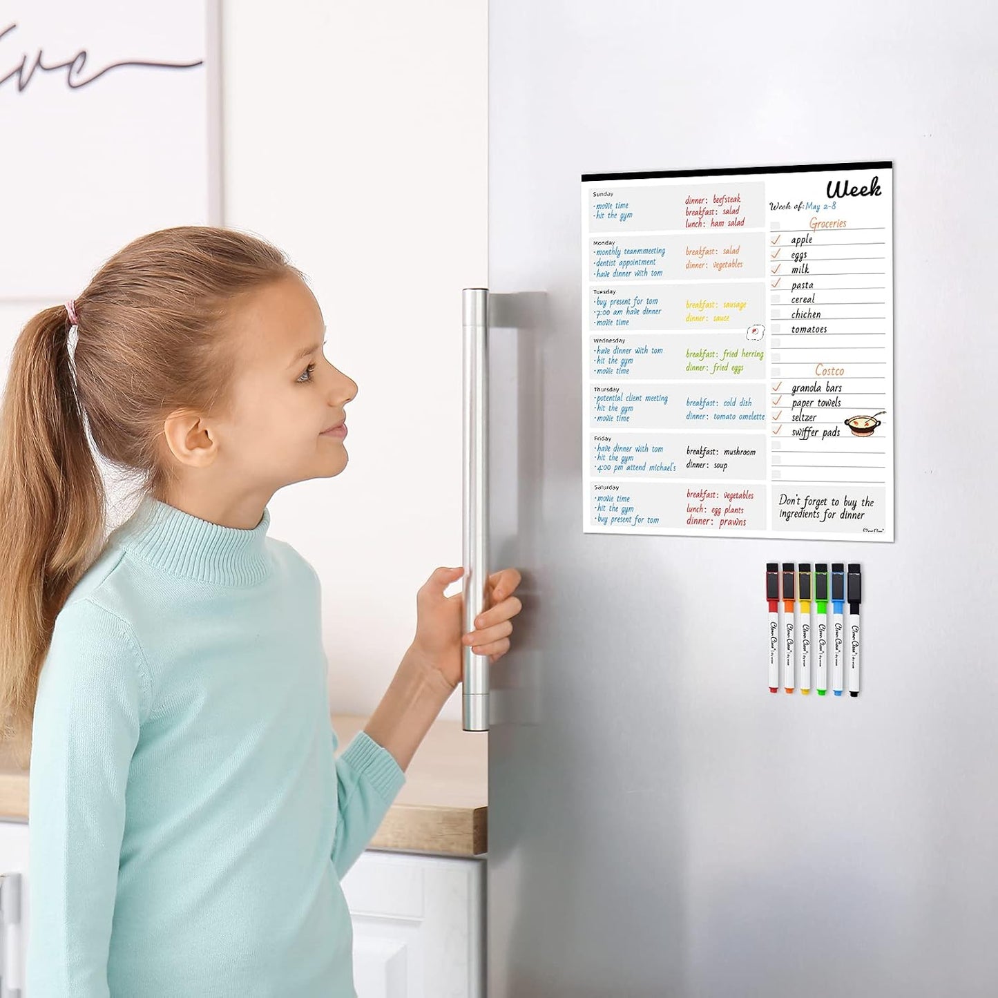 Magnetic Dry Erase Weekly Calendar - 10"x12" Weekly Dry Erase Calendar for Fridge - 6 Extra Fine Point Markers Included - Shipped Flat