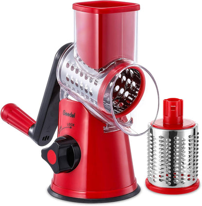 Geedel Rotary Cheese Grater, Kitchen Mandoline Vegetable Slicer with 3 Interchangeable Blades, Easy to Clean Rotary Grater Slicer for Cheese, Vegetables, Nuts