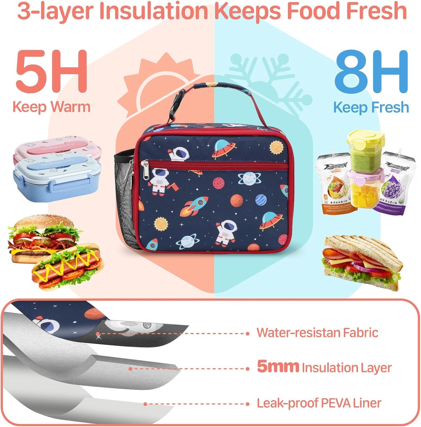Kids Lunch Bag Boys - Insulated Kids Lunch Box Reusable Lunchbox with Water Bottle Holder Toddler Lunch Tote Bag for School Daycare, Black Dino Fossil